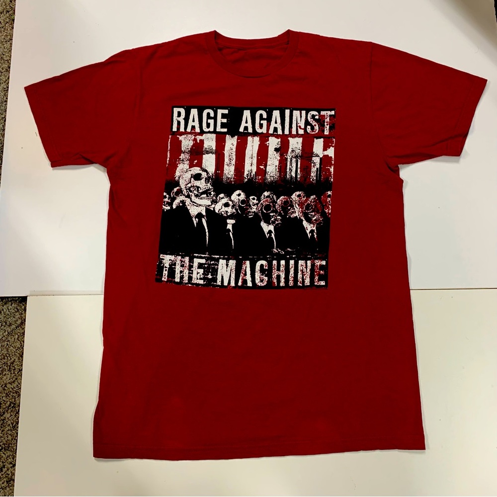 Rage Against The Machine Skull Skeleton Suits Gas Mask on Flag Graphic T-Shirt
